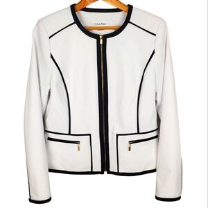 Calvin Klein Women's White Blazer with Black Trim. 10